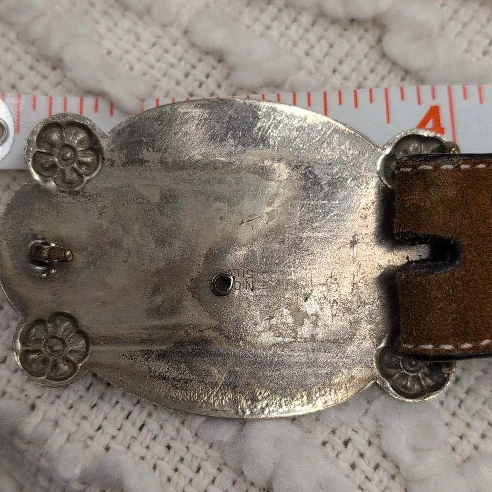 Vintage Western Cowboy Camel Leather Men's Belt Nickel Silver Bronco Buckle
